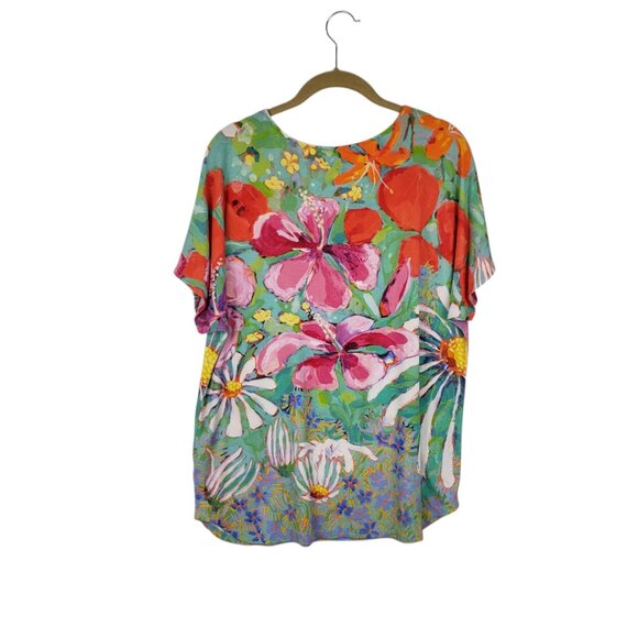 Claire Desjardins Bright Floral Short Sleeve Top Pink Green Jersey Knit Size L - Picture 2 of 8